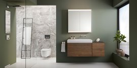 Ein modernes Badezimmer mit einer eleganten Holzschublade, einem großen Spiegel und einer stilvollen Pflanze im Fenster.