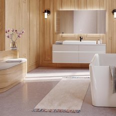 Ein modernes Badezimmer mit Holzverkleidung, einer freistehenden Badewanne und eleganten Armaturen, die eine entspannende Atmosphäre schaffen.